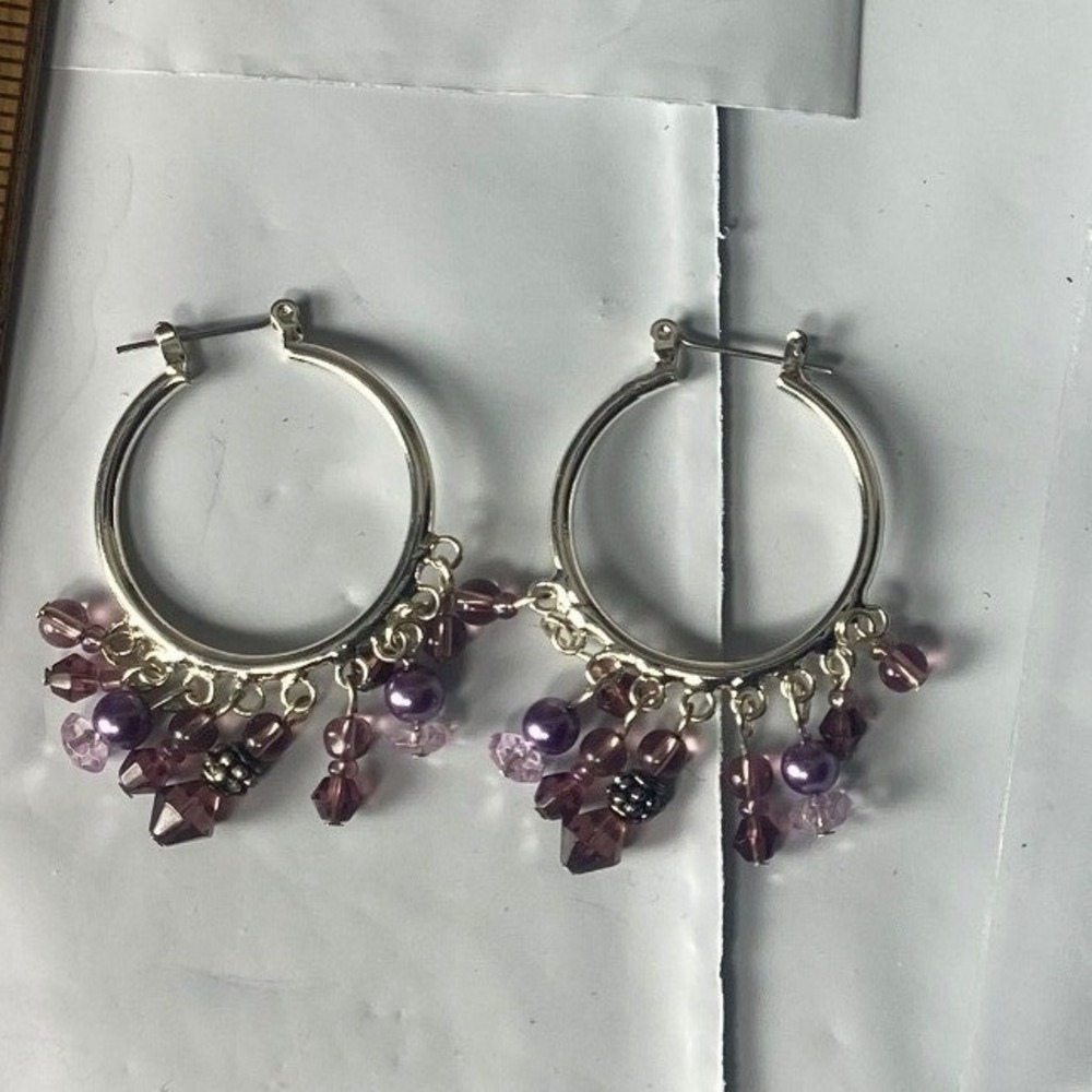Silver Hoop Earrings with Purple‎ Crystal Charms Dangle Chandelier